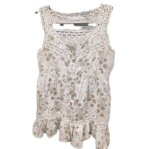 RUBY ROSE Sz S White Brown Floral Romance Boho Prairiecore Lace Tank Top Blouse